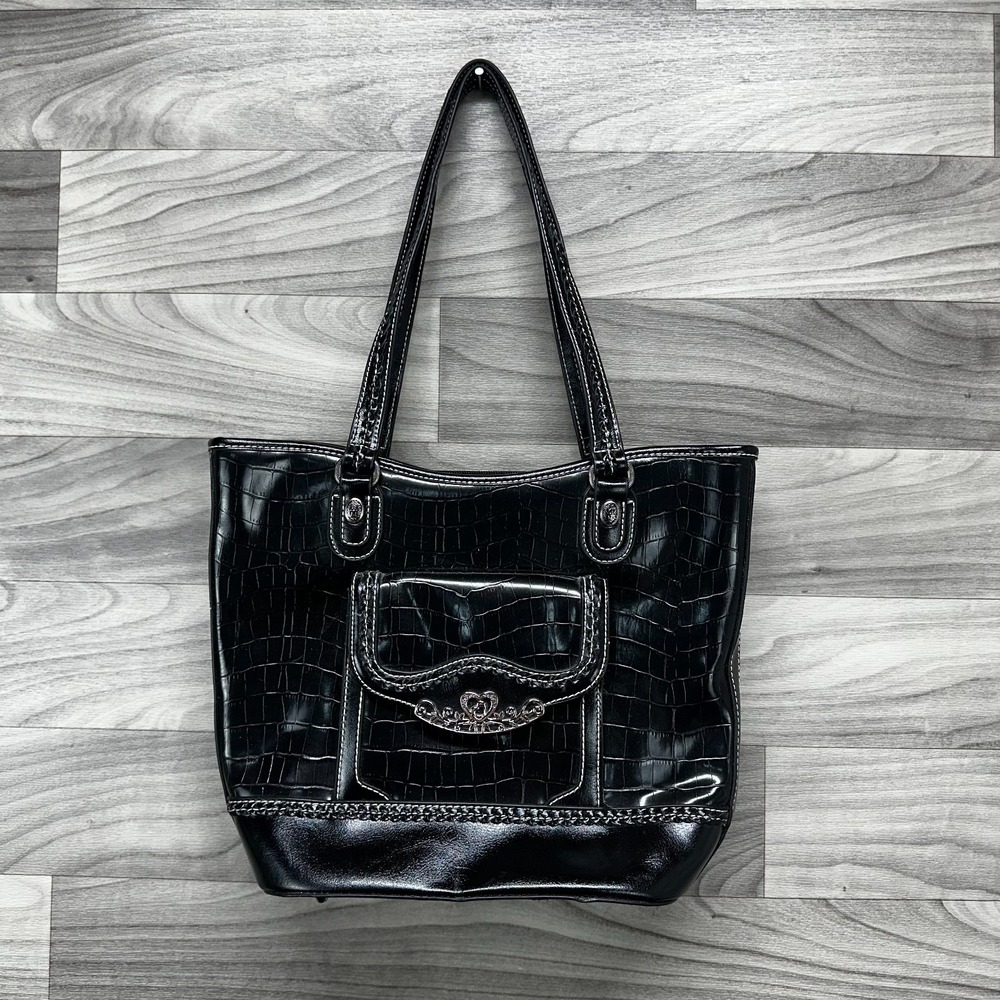 Bingham Tote Bag Women's Black Patent Leather Studded‎ Detail Contrast Stitching